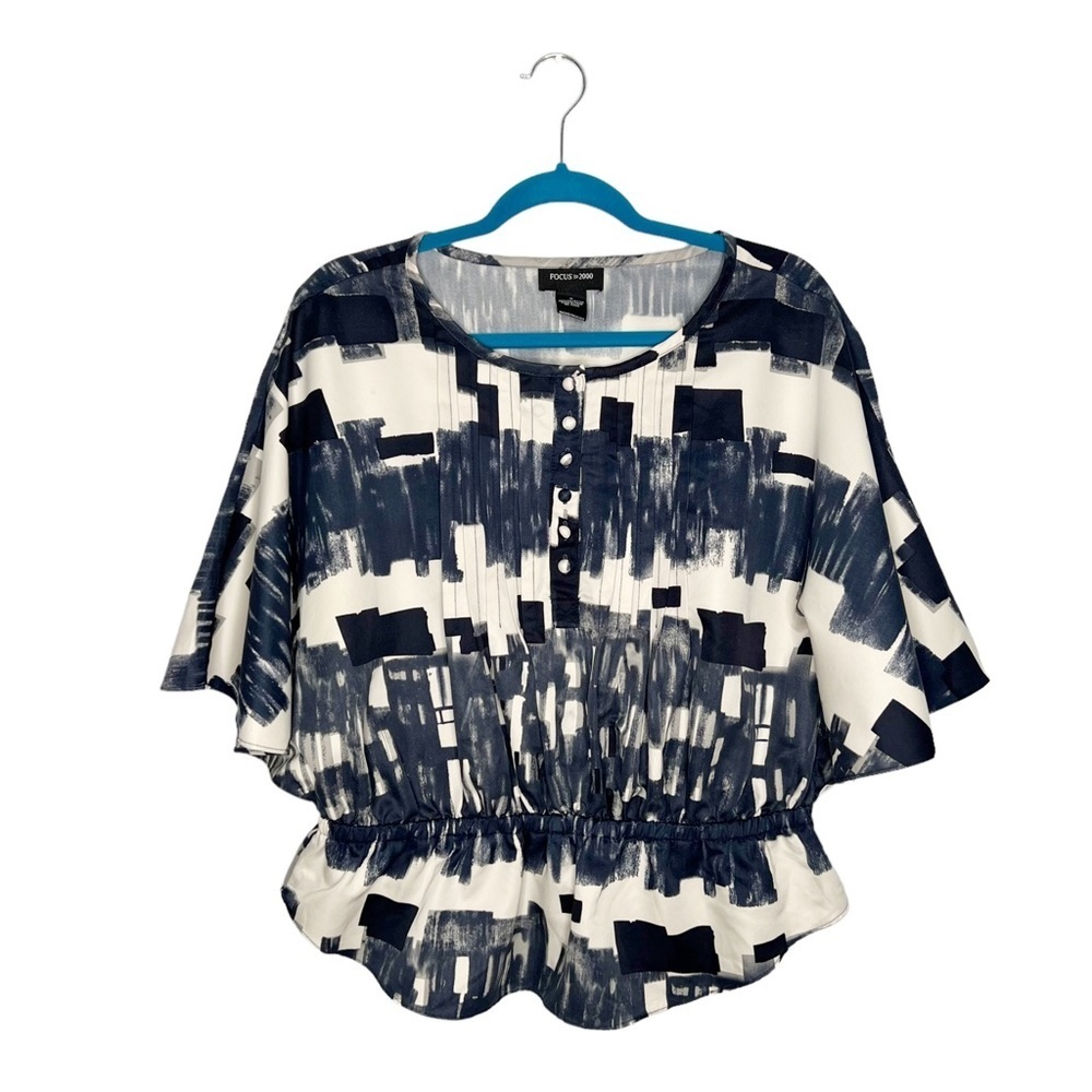 Focus 2000 Flutter Flare Sleeve Elastic Waist Abstract Print Blouse